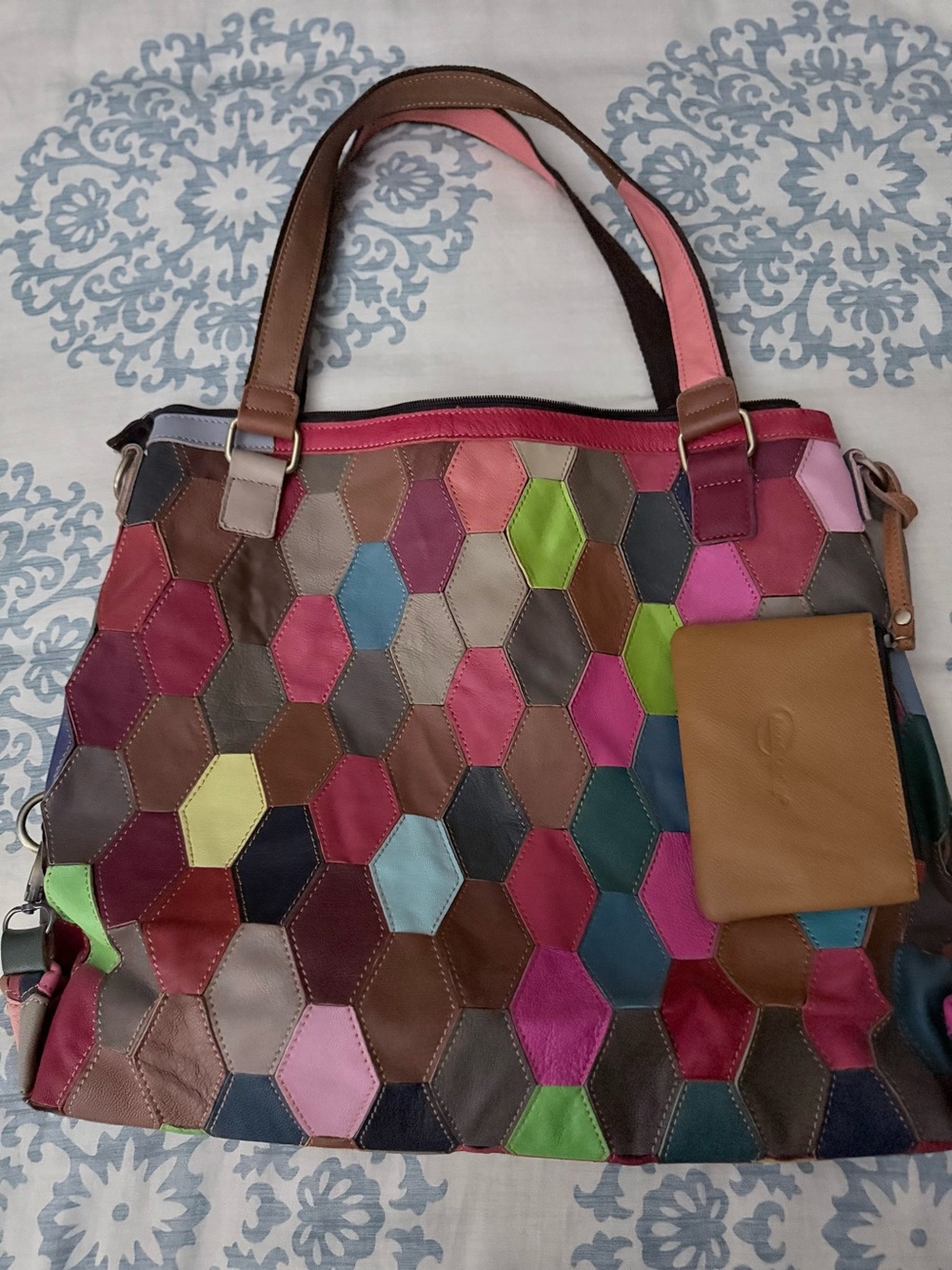 Colorful Hexagon Patchwork Leather Tote - Multicolor